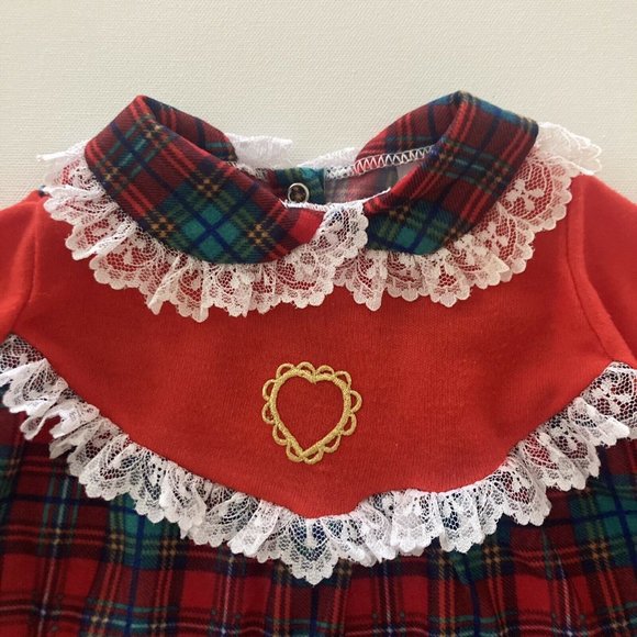 Vintage USA Baby Girl 3-6 Months Holiday Christmas Red Plaid Romper Lace - Picture 2 of 12